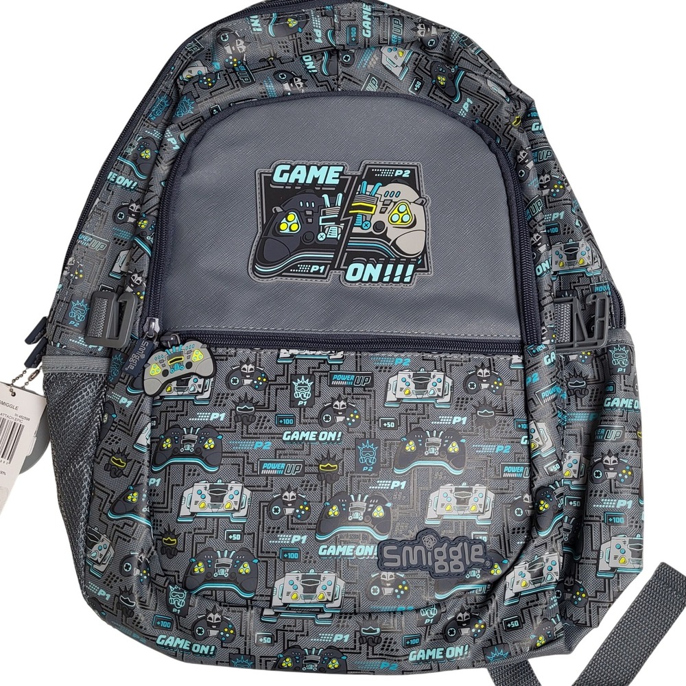 Smiggle Game On Epic Backpack Kids Gray‎ Blue Controller Gamer School Bag NEW